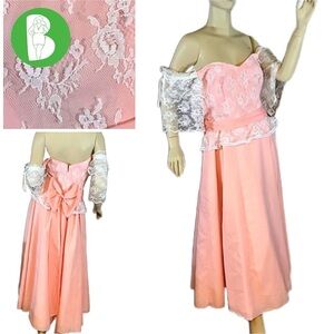 VINTAGE MID TO LATE 70'S PEACH OFF-THE-SHOULDER LACEY PARTY DRESS (M)